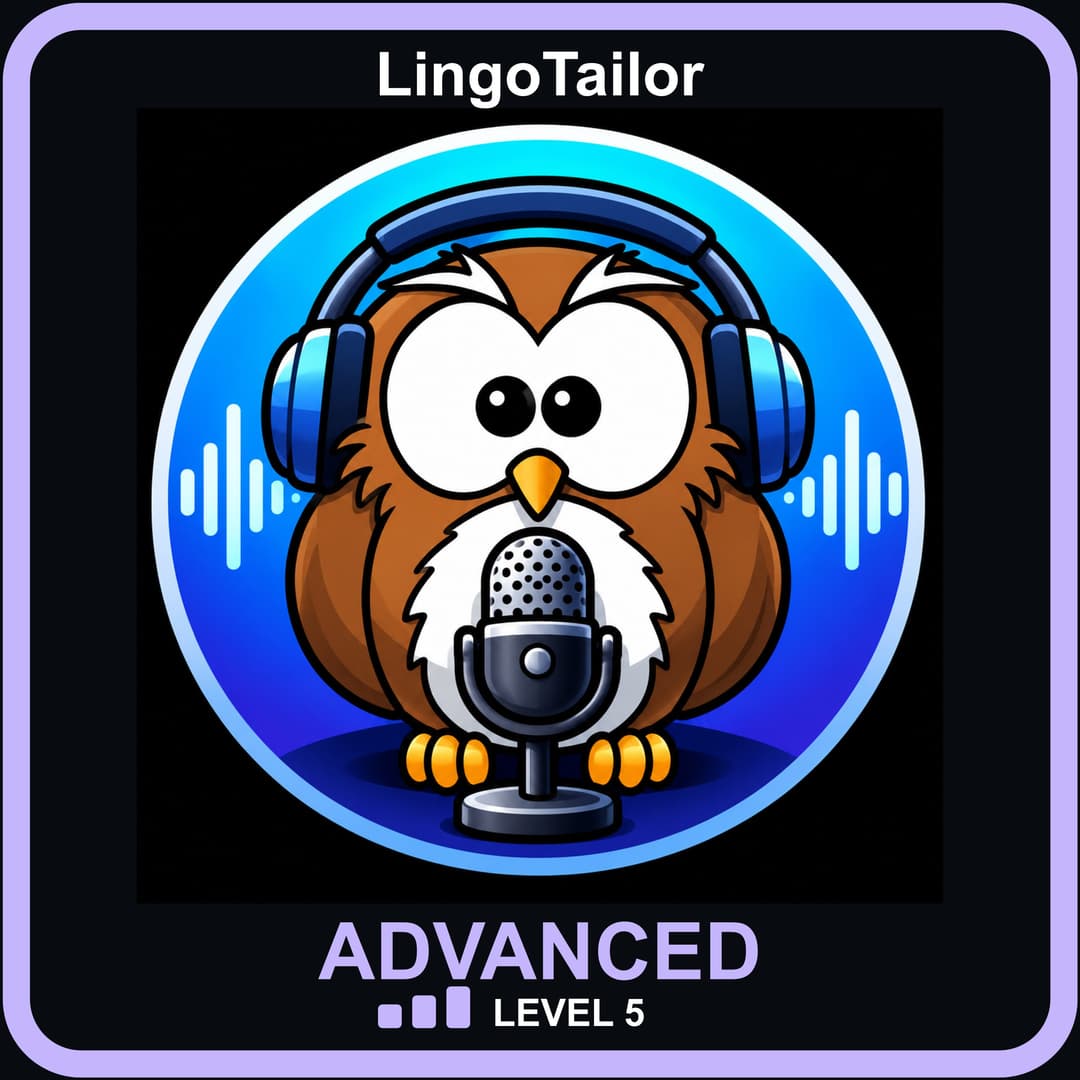 Advanced Spanish, Level 5: owl wearing headphones behind a podcast microphone.