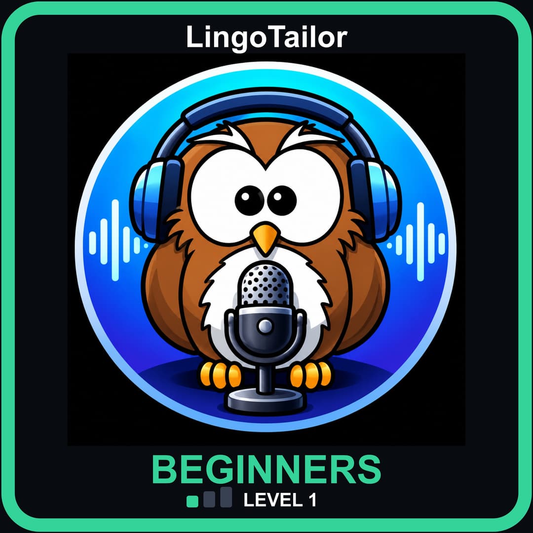 Beginners Spanish, Level 1: owl wearing headphones behind a podcast microphone.