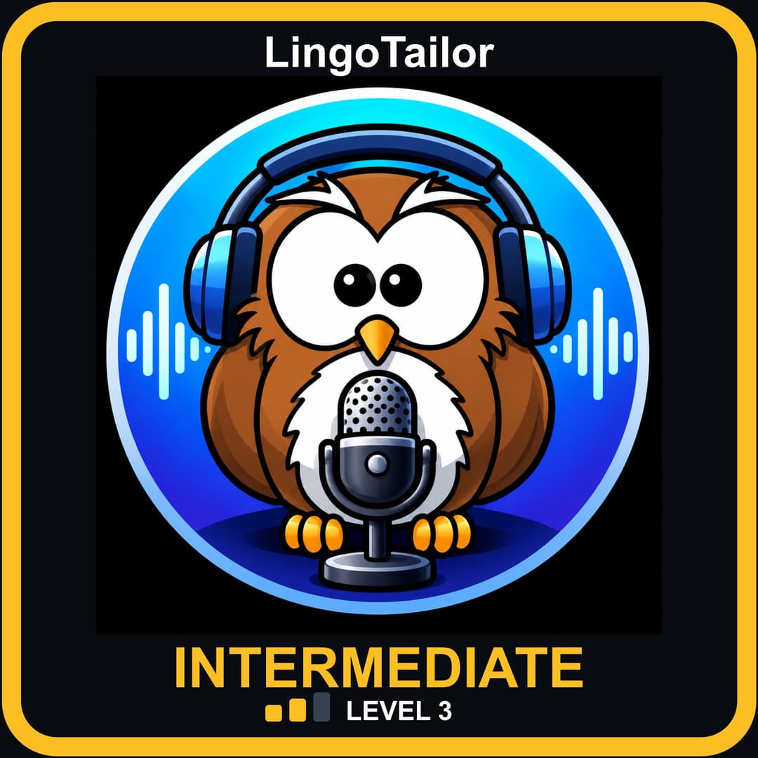 Intermediate Spanish, Level 3: owl wearing headphones behind a podcast microphone.